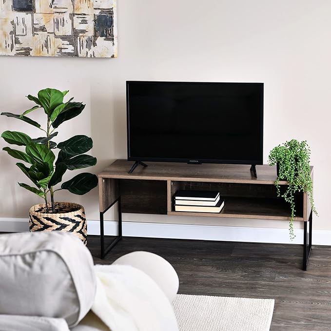 Household Essentials Wrap TV Stand with Rectangular Storage Compartment Ashwood Rustic Wood Grain and Black Metal