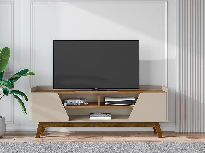Manhattan Comfort Marcus Mid Century Modern 65 Inch TV Stand with Solid Wood Legs, Cable Management, 5 Shelves and Soft Close Doors, Entertainment Center and Media Console for Living Room, Off White