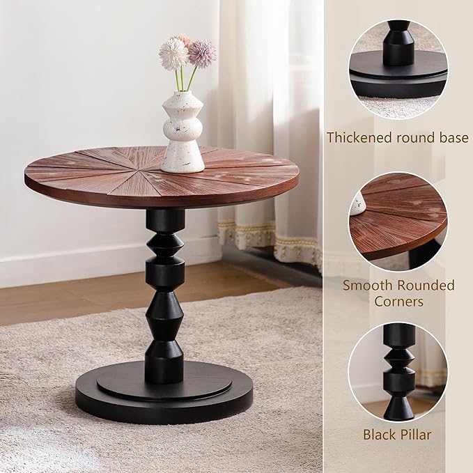 Wood Emd Table, Modern Round Side Table with Unique Top, Framhouse Accent Table for Living Room Bedroom Office (21.6 inch High)