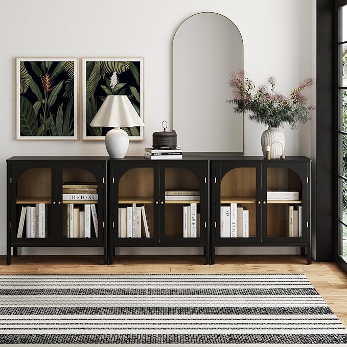 Nathan James Mason Storage Cabinet Accent Sideboard Buffet Credenza TV Stand with Glass Doors and Adjustable Shelf in Black Wood for Dining Room, Entryway and Living Room, Clear Glass/Black, Set of 3