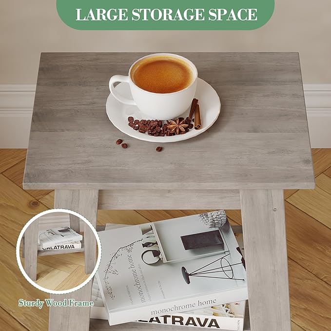 End Table with Double Storage Shelves, Small Space Side Table for Farmhouse Bedroom, Studio Apartment, Entryway, Grey