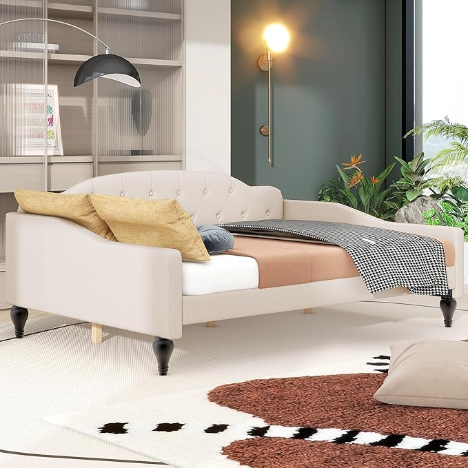 Full Size Upholstered Tufted Daybed,Linen Sofa Bed,Easy Assemble & No Box Spring Needed,Perfect for Small Space,Bedroom,Livingroom,Guest Room, Beige