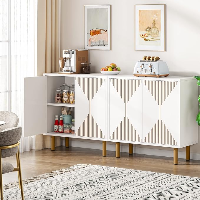 LITTLE TREE White Sideboard Buffet Cabinet, Modern Sideboard Cabinet with 4 Doors, Cupboard Console Table