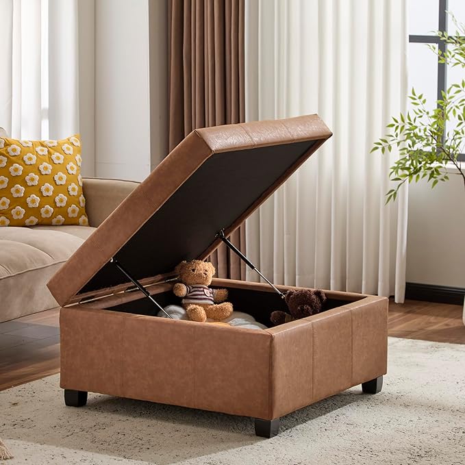 Christopher Knight Home Lorel Faux Leather Square Storage Ottoman Coffee Table, Wooden Ottoman with Storage, Entryway Modern Ottoman Foot Stool, Toy Box Storage for Living Room, Brown