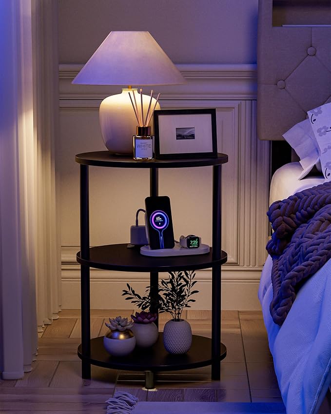Small Round Side Table - 3-Tier Oval Accent Table for Small Spaces, Rustic Wood and Metal Nightstand for Living Room or Bedroom, Built-in USB Ports and Power Outlet, Charcoal Wenge