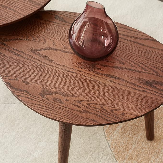 Small Oval Coffee Table, 33.5" Mid Century Modern Coffee Table for Living Room, 100% Solid Oak Wood Side Table, Minimalist Display Center Table (Walnut Color, 33.46''Wx22.83''Dx15.74''H)
