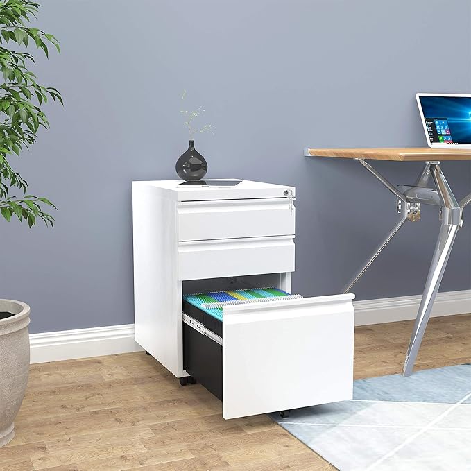 YITAHOME 3-Drawer Mobile File Cabinet with Lock, Office Storage Filing Cabinet for Legal/Letter Size, Pre-Assembled Metal File Cabinet Except Wheels Under Desk -White
