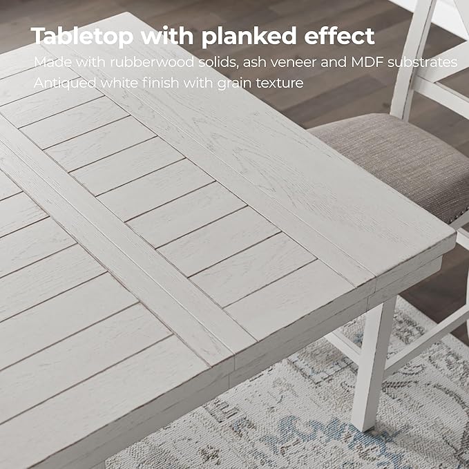 Signature Design by Ashley Robbinsdale Farmhouse Distressed Counter Height Dining Extension Table with Trestle Base, Planked Effect and 2 Removable End Leaves, White