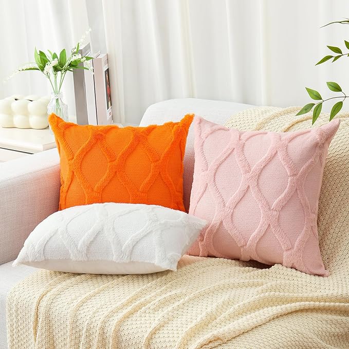 decorUhome Fall Throw Pillow Covers 12x20 Inch Set of 2, Soft Plush Faux Fur Wool Lumbar Orange Couch Pillow Covers, Decorative Neutral Pillow Cases for Bed Sofa Living Room Home Decor
