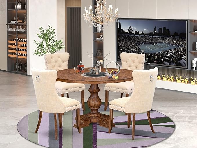 I5DA5-50N-32 5-Piece Modern Dining Table Set with Polyester Fabric 4 Light Beige kitchen chairs, Button-Tufted Backs, and a 54"Round Table in Antique Walnut Finish.