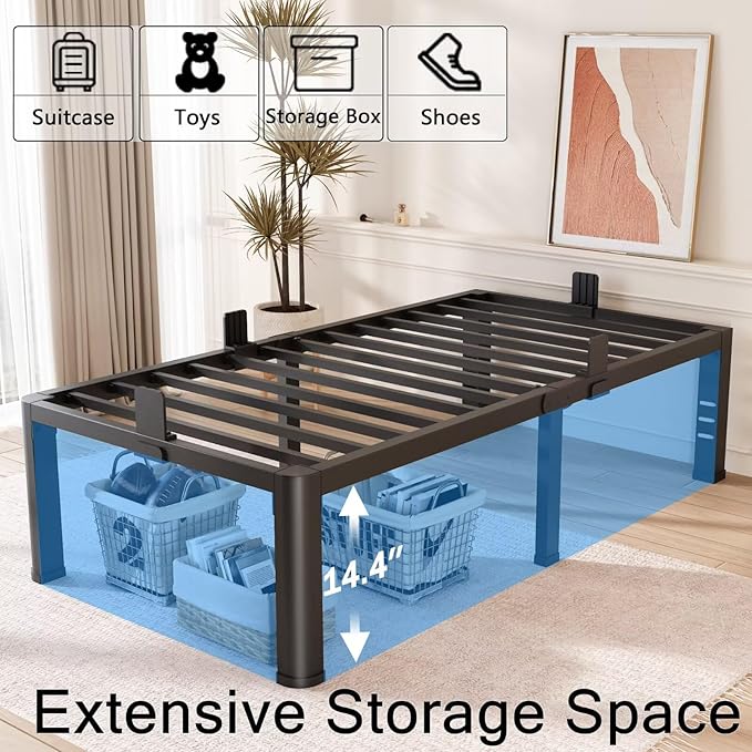 FUIOBYVV 16 Inch Twin Bed Frame with Rounded Corner and Headboard Hole Mattress Retainers 3500 LBS Metal Heavy Duty Steel Slats Support No Box Spring Needed Platform Noise Free Easy Assembly