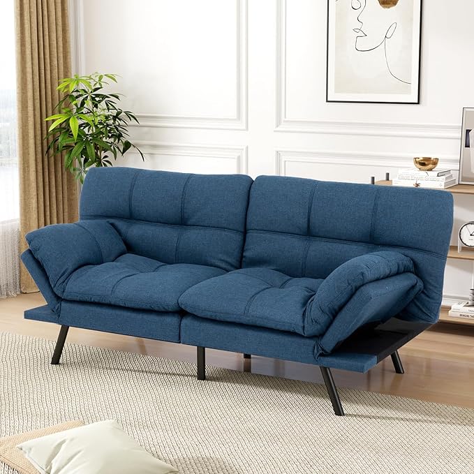 Vipbear Futon Sofa Bed Couch, 71" Convertible Sofa Bed, Space-Saving Loveseat with Adjustable Backrest & Armrest for Living Room,Apartment,Office,Blue Sleeper Sofa