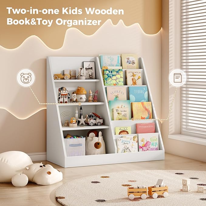 Tatub 6 Tier Kids Wooden Bookshelf and Toy Storage, Children Toy Organizer with Book Shelves, Toddler BookRack Baby Bookcase for Nursery, Playroom and Classroom, White