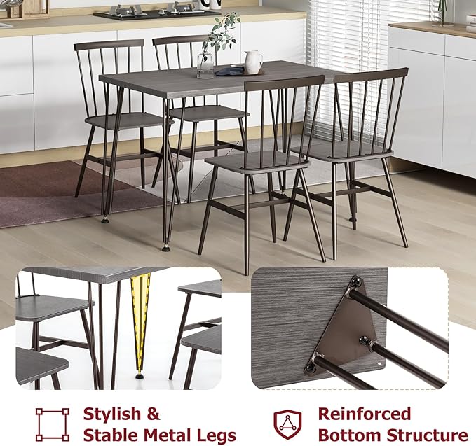 Tangkula Dining Table Set for 4, Kitchen Table and Chairs Set of 4 w/Metal Frame, 360° Swivel Feet, Space-Saving Dinette Table Set for Living Room, Restaurant, Breakfast Nook (Grey Oak)
