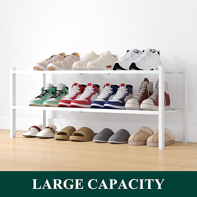 Smiry Shoe Rack, 2 Tier Long Bamboo Shoe Organizer, Stackable Free Standing Wooden Shoe Storage Shelf for Closet, Entryway, Front Door Entrance, White