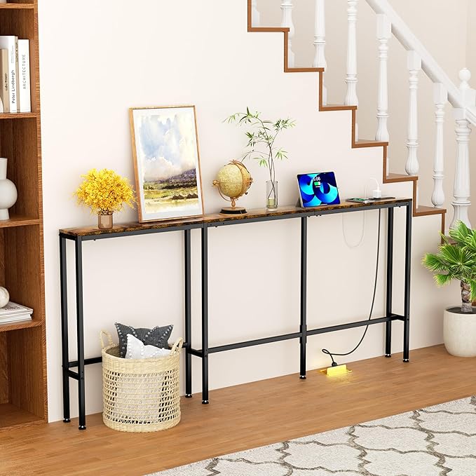 GRLEAF L Shaped Narrow Console Table with Outlet, 70" Sofa Tables Narrow Long, Behind Couch Table, Skinny Entryway Tables with Charging Station,for Living Room,Hallway (Rustic Brown,70IN)