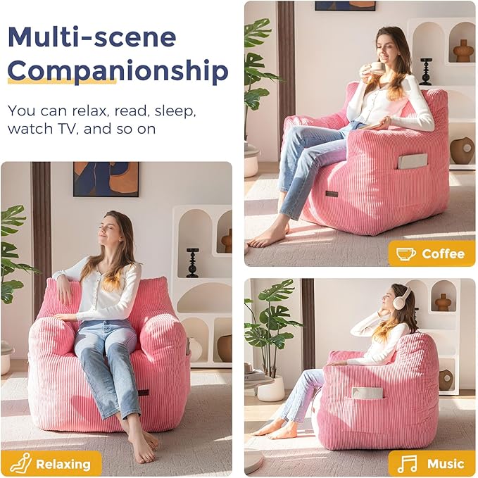 MAXYOYO Bean Bag Chair, Tufted Bean Bag Couch Lazy Chair, Living Room Sofa Couch with Filler for Adult Teens Kids, Corded Fabric Accent Sofa for Bedroom Dorm, Pink