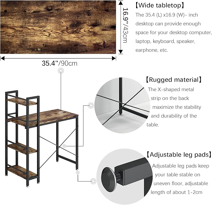 4NM 35" Small Computer Desk with 4-Tier Bookshelf, Home Office Desk Writing Workstation Study Table Multipurpose for Small Space Work - Rustic Brown and Black