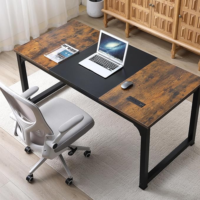 Large Computer Desk - 63 Inch Home Office Desks Study Student Writing Table Gaming Desk Wood Modern Simple Table with USB Ports, Vintage + Black