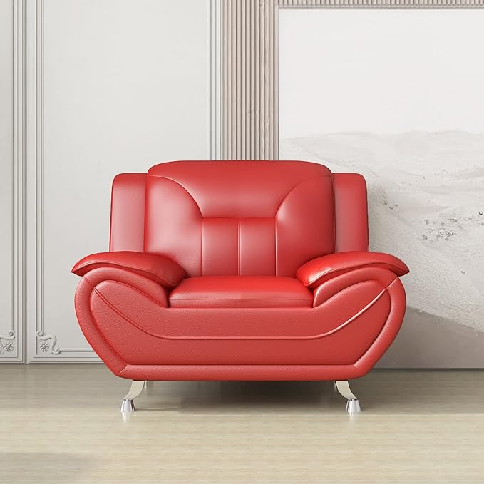 Container Furniture Direct Michael Modern Faux Leather Upholstered Stainless Steel Legs Living Room Sofa, Chair, Persian Red