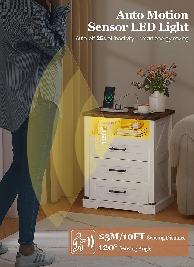 Night Stand with Charging Station 22" Large Farmhouse Nightstands with 3 Drawers and Open Storage Smart Bedside Table with Human Sensor LED Light End Tables for Bedroom Living Room White
