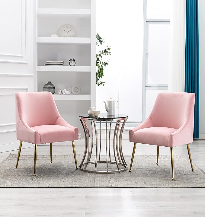 Velvet Dining Chairs, Furniture Collection Modern Contemporary Upholstered with Polished Gold Metal Legs, Set of 4(Pink)