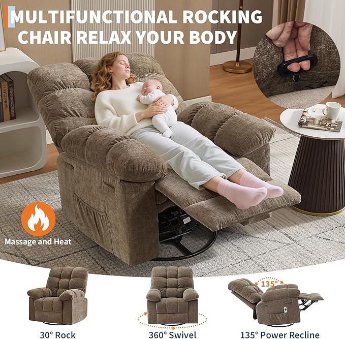 Rocking Recliner Chair with Vibration Massage & Heat, 360° Swivel Oversized Rocker Recliner with Side Pocket for Living Room, Bedroom & Nursery