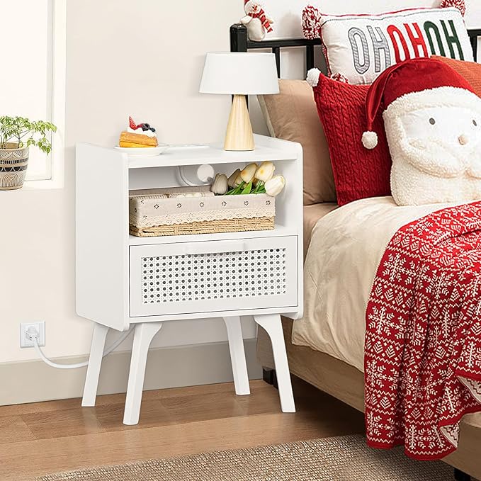 Lerliuo Rattan Nightstand with Charging Station, Side Table with Drawer Open Shelf, Cane Accent Bedside End Table with Solid Wood Legs, Night Stand for Bedroom, Dorm and Small Spaces (White)
