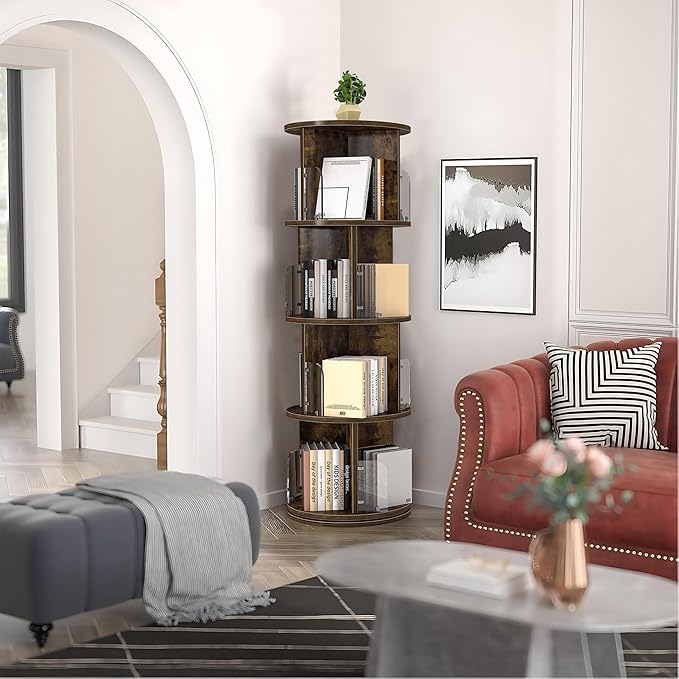 VECELO Rotating Bookshelf Tower, 360°Revolving Bookcase, Round Book Shelf Rotating, Stackable Storage Display Rack Floor Standing, Corner Bookshelf for Home Office, Brown