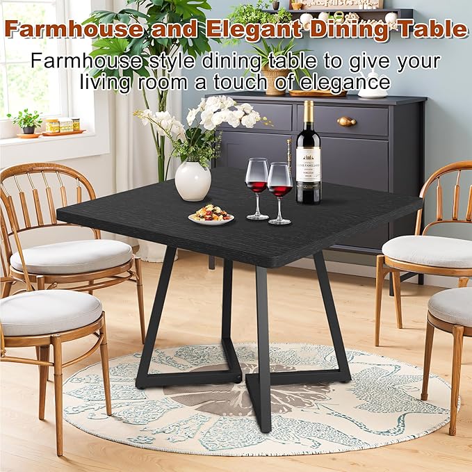 Square Dining Table for 4, 31.5-Inch Farmhouse Dinner Table Wooden Kitchen Tables with Metal Base for Dining Room, Kitchen, Living Room, Black