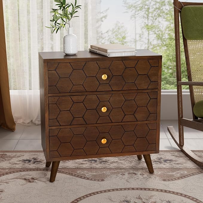 COSIEST Modern End Table w 3 Storage Drawers, Night Stand w Honeycomb Pattern, Small Wood Chest, Accent Cabinet for Bedroom, Living Room