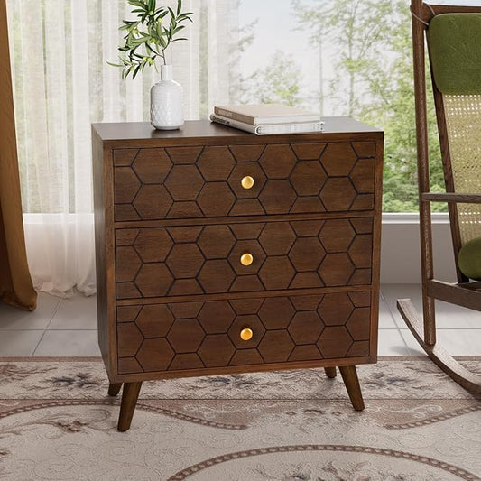 COSIEST Modern End Table w 3 Storage Drawers, Night Stand w Honeycomb Pattern, Small Wood Chest, Accent Cabinet for Bedroom, Living Room