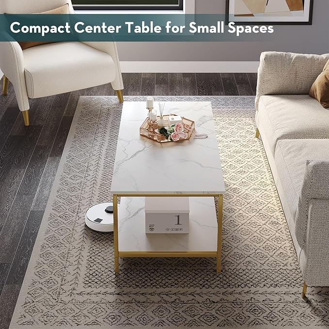 SAYGOER Modern 2-Tier Coffee Table for Living Room White Gold Coffee Tables Industrial Rectangle Wood Table for Large or Small Spaces Home Office Apartment, White Gold