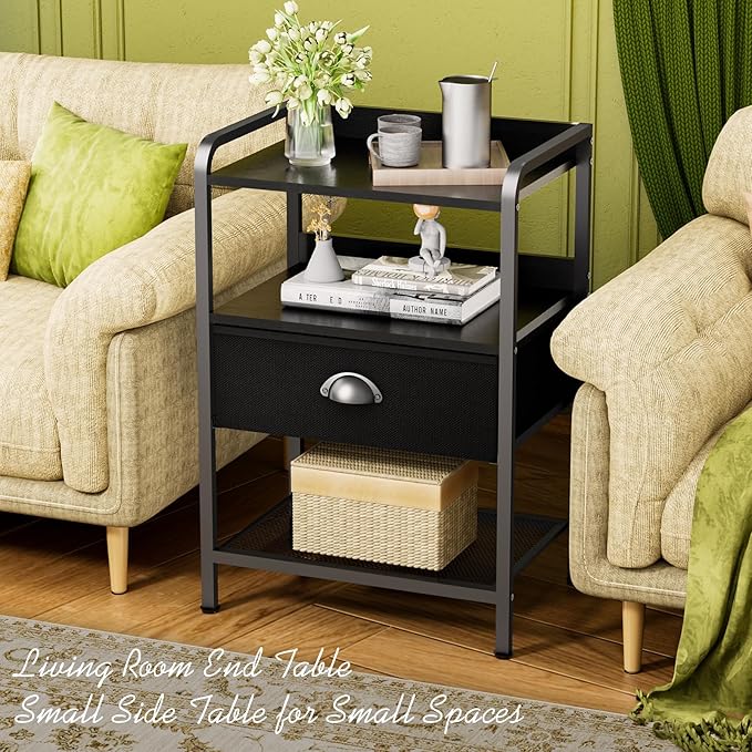Night Stand Nightstand with 1 Drawer Black Nightstands Storage Night Stands Fabric Drawers Small Bedside Table Mesh Shelves Bed Side End Tables Chests Cabinet for Bedroom Living Room Dorm Furniture