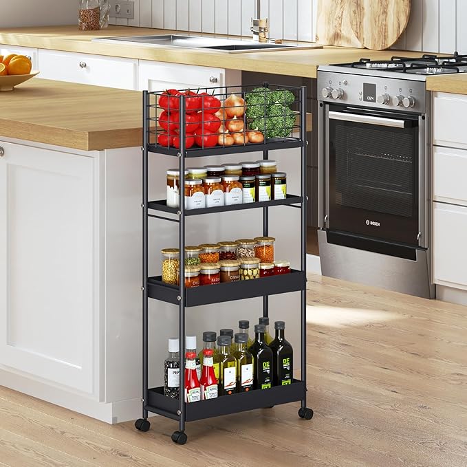 KINGRACK Slim Storage Cart, 4-Tier Metal Utility Rolling Cart with Wheels,Bathroom Organizer, Skinny Rolling Trolley, Mobile Shelving Unit for Office, Laundry Room, Narrow Place, Black