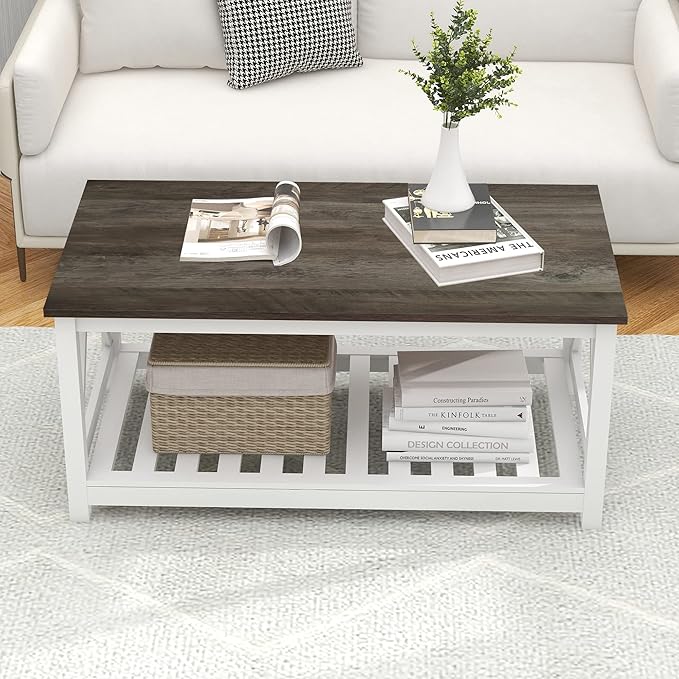 Farmhouse Coffee Table, White OakCoffee Table for Living Room, 2-Tier Rectangular Wooden Centre Cocktail Table with Slats Shelf Storage and V-Shaped Frame Modern Coffee Table Dark Oak