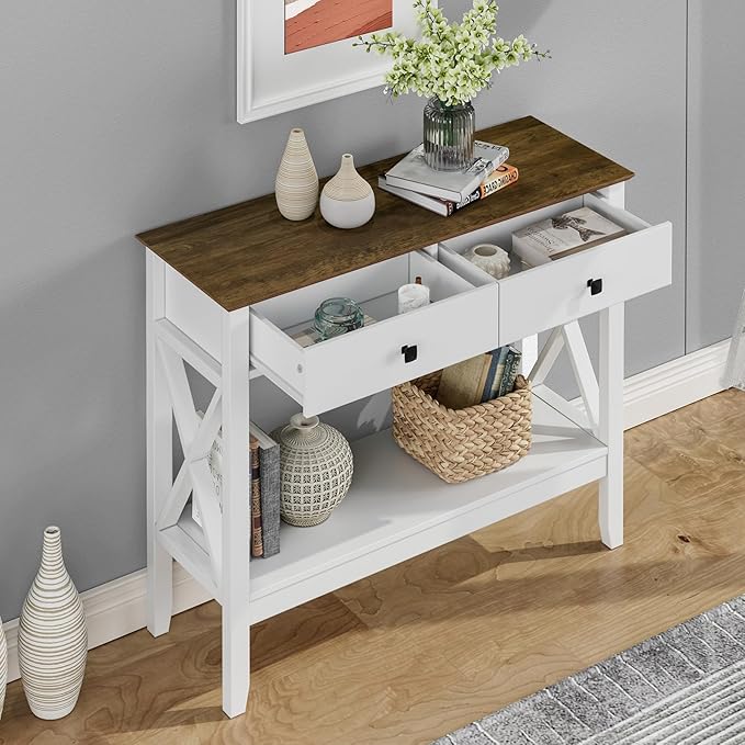 Console Table,Sofa Table 13.8" D x 39.37" W x 31.5" HEntryway Table with 2 Drawers Storage Shelve Foyer Table for Entryway Farmhouse Hallway Tables (White)