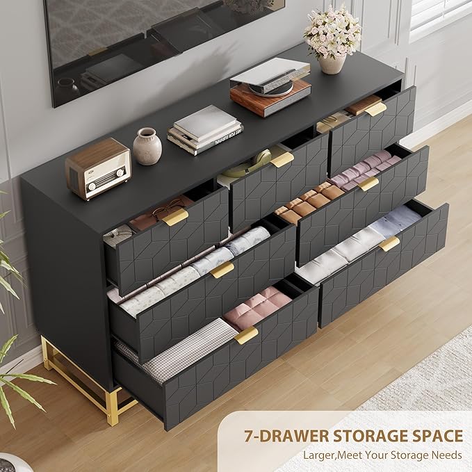 GAOMON Dresser for Bedroom, 53.5" Wide Dresser Organizer, 7 Drawer with Golden Metal Handle and Legs, Modern Chest of Drawers for Closet, Hallway, Living Room, Entryway, Black