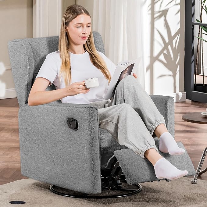 COMHOMA Nursery Rocking Chair Teddy Upholstered Swivel Rocker Recliner Manual Glider Reclining Chair for Living Room Bedroom Offices (Grey, 1 PCS)