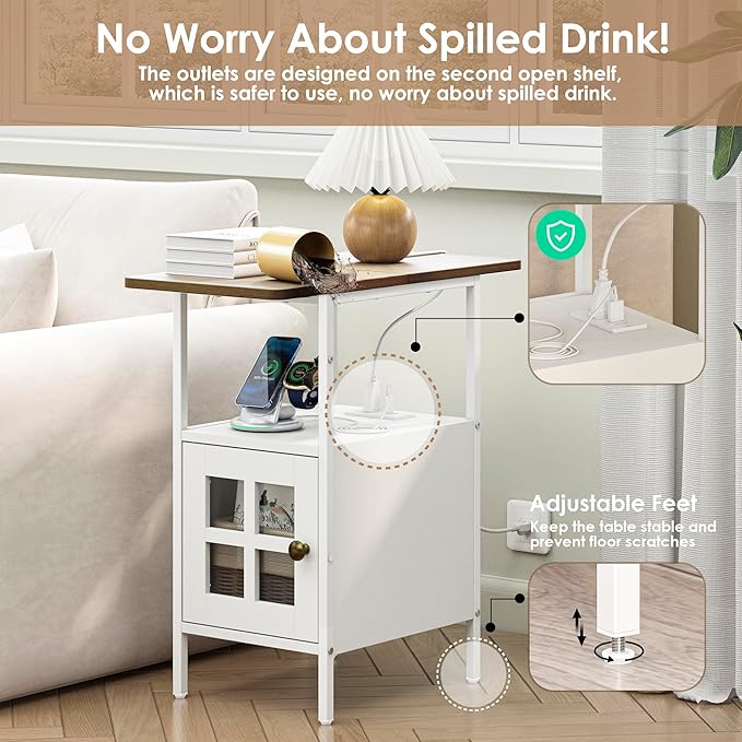 Farmhouse Narrow Side Table with Charging Station - 3-Tier End Table with USB & Outlets Compact Bedside Storage Table for Small Spaces, Multi-Functional Accent Table for Bedroom, Couch Corner Entryway
