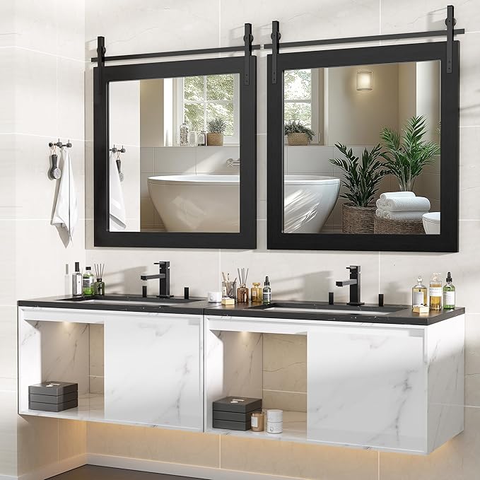 Hasipu Farmhouse Bathroom Mirror, 31"x31" Rustic Wood Framed Wall Mounted Mirror, Black Vintage Vanity Mirror Barn Door Style Decrative Mirrors