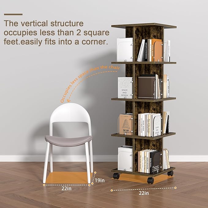 VECELO Rotating Bookshelf with Brake Wheels, 4 Tier Revolving Bookcase, 360° Corner Display Shelf for Kids, Narrow Rolling Bookshelves for Small Space, Corner, Bedroom, Office, Brown