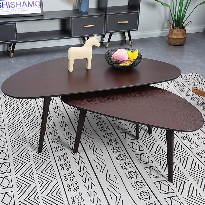 FIRMINANA Small Oval Coffee Table for Living Room,Mango Tabletop Mid Century Modern Coffee Table,Espresso,18.9" D x 33.47" W x 15.75" H