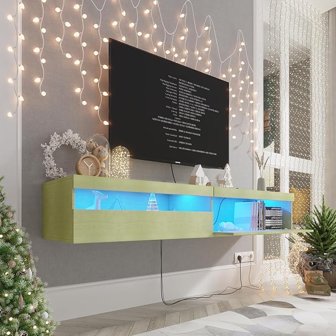 Floating TV Stand with Led Lights, 71 inch Wall Mounted TV Shelf with Power Outlet, Modern Entertainment Center Media Console with Storage Cabinet, Up to 80 Inch TVS, Green