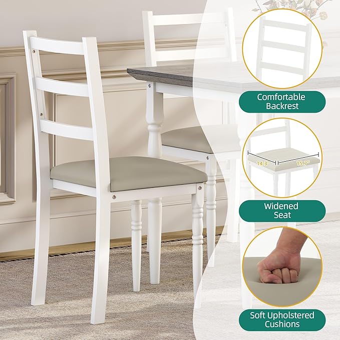 DWVO 5-Piece Dining Table Set for 4, Kitchen Dining Room Table with Upholstered Chairs, Faux Leather Cushions, Modern Rectangular Dinner Table Set for Small Spaces & Apartment, White Grey