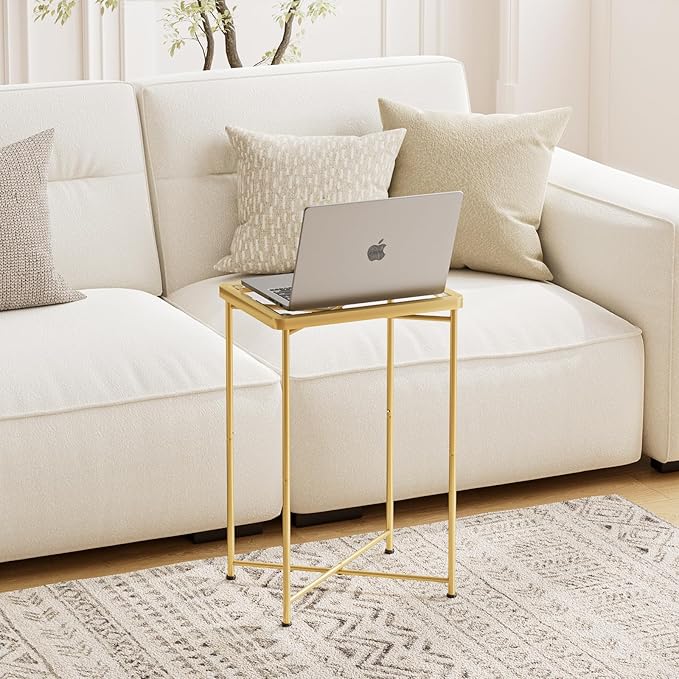 Garden 4 you Small Side Table, Glass End Table, Outdoor Side Table with Metal Frame, Mini Bedside Table for Living Room, Bedroom, Patio, Small Space, Gold