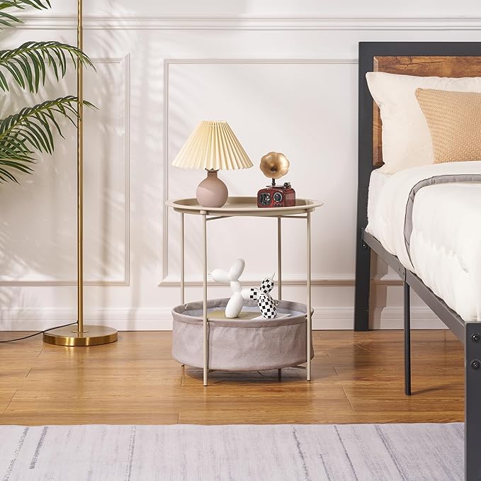 VECELO Round Side/End Table with Fabric Storage Basket，Metal Anti-Rust and Waterproof Small Bedside Nightstand with Removable Tray Top for Living Room，Balcony & Laundry，Grey /2pcs with Basket