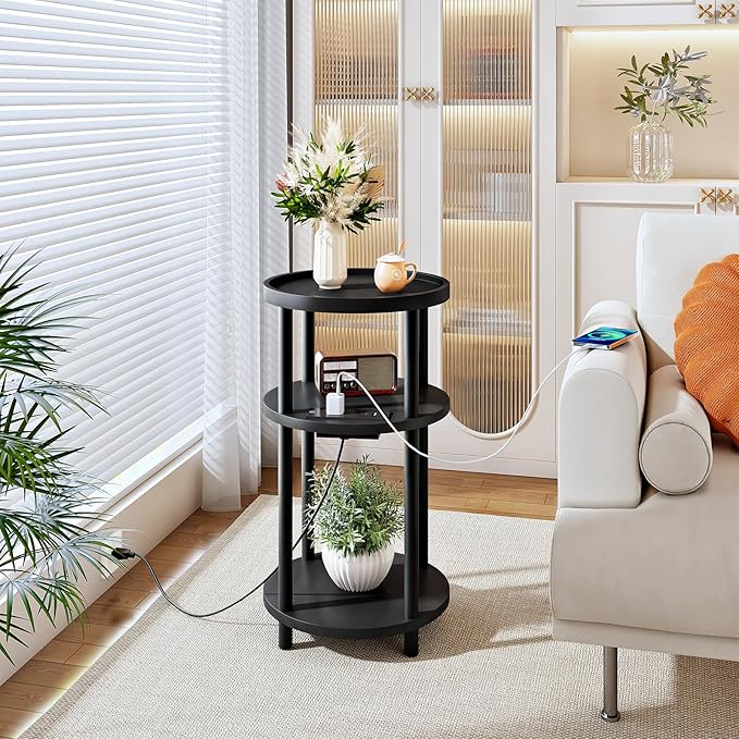 HOOBRO Small Round Side Table with Charging Station, 3-Tier Round Bamboo End Table, Compact Sofa Bedside Table for Small Space, Easy Assembly, for Living Room, Bedroom, Apartment, Black BB152UBZ01