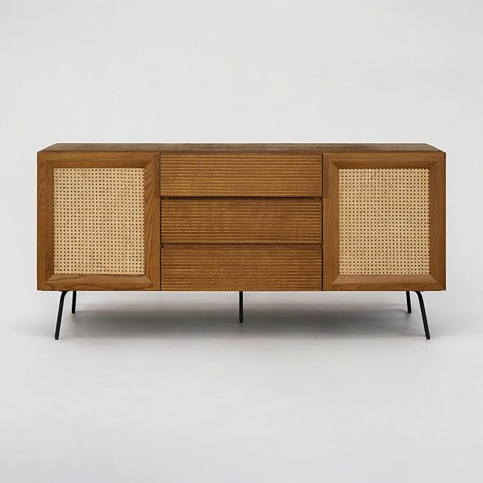 NTC MOSSIC Sideboard with 2 Doors and 3 Drawers, Buffet Cabinet with Natural Rattan and Metal Legs, Modern Storage Cabinet for Living Room, and Hallway, Effortless Assembly - Rustic Oak