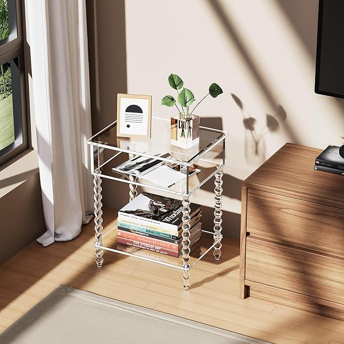 Acrylic Side Table, Clear 3-Tier End Table with Storage, Nightstand for Living Room, Bedroom, Office (Clear, 11.8 ×15.7 × 19.7)